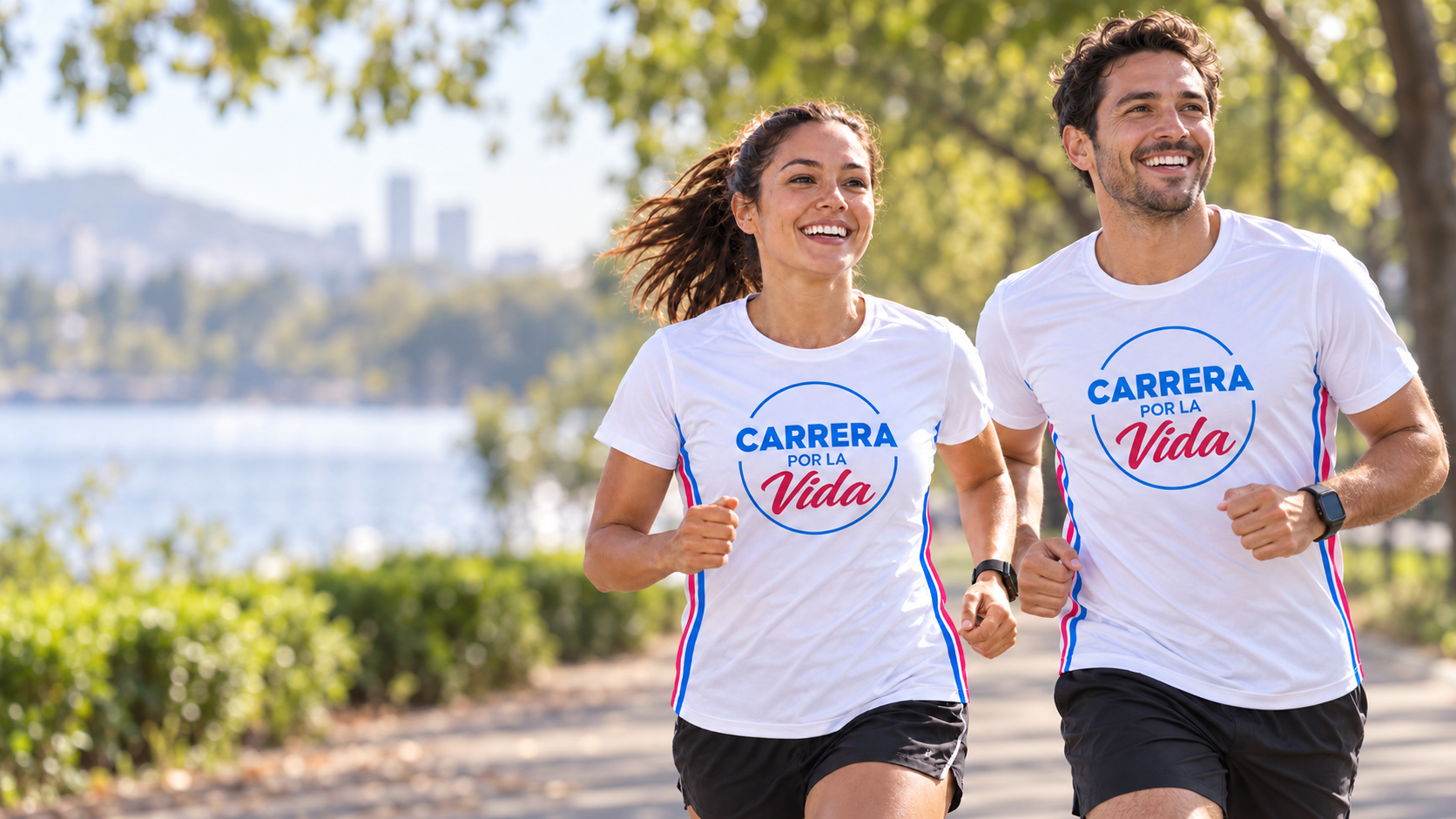 Una mujer y un hombre corriendo con la camiseta de Carrera por la Vida